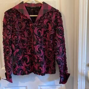Samuel Dong Women’s size M purple and black zip front long sleeve jacket